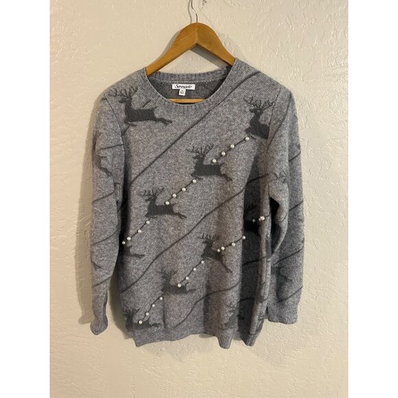 Serengeti Grey Long Sleeved Reindeer & Pearl Patterned Sweater - Picture 1 of 9